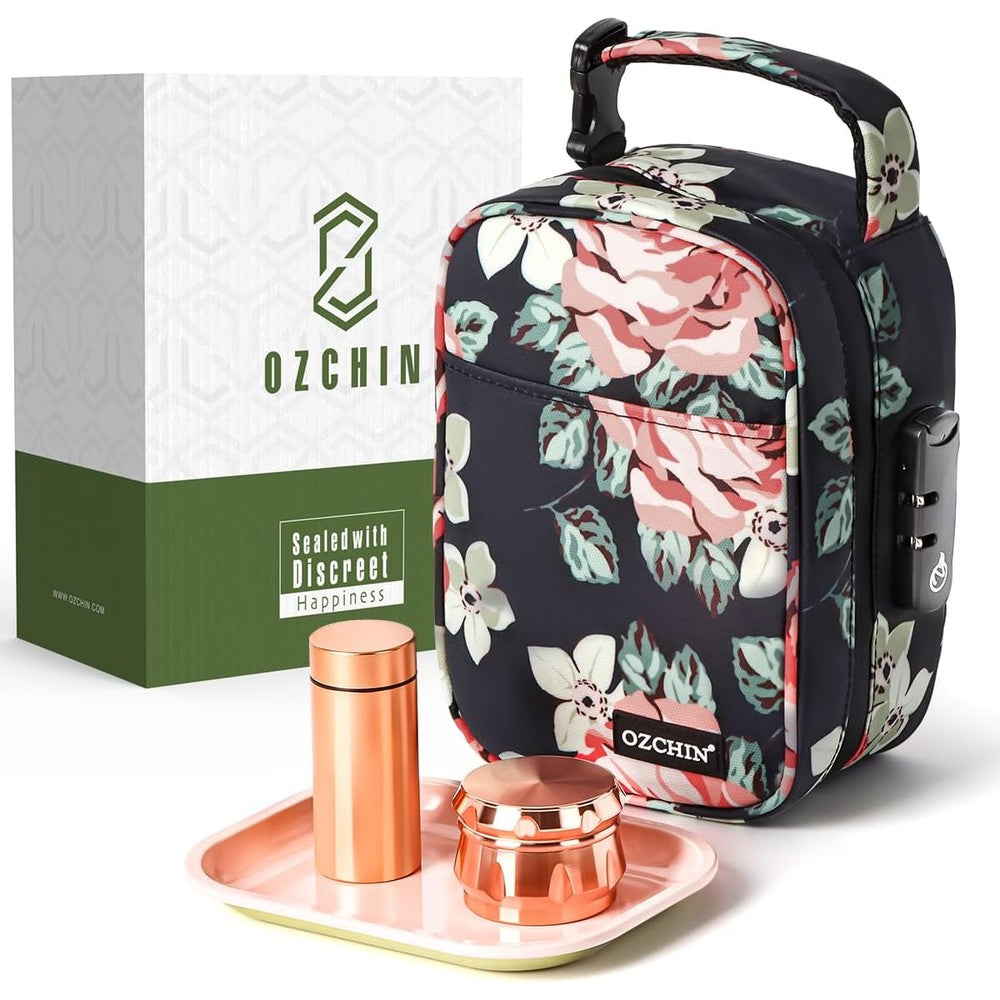 OZCHIN Large Smell Proof Bag front view featuring pink floral pattern and combination lock