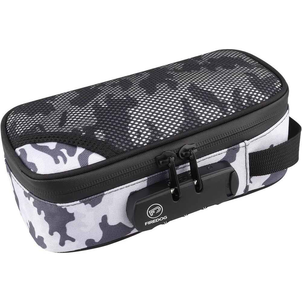 FIREDOG Smell Proof Bag front view featuring green nylon and combination lock.