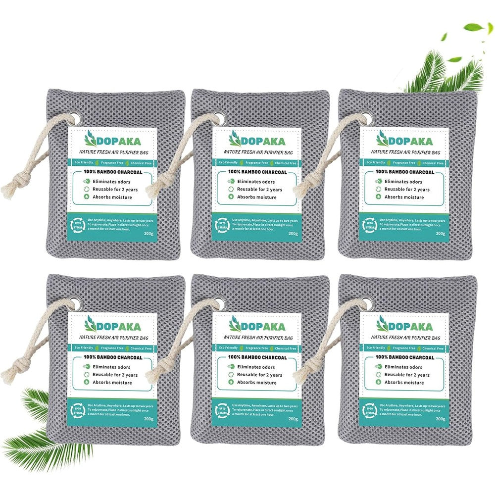 Rqb Dopaka 6 Pack Bamboo Charcoal Air Purifying Bags front view showing mesh design.