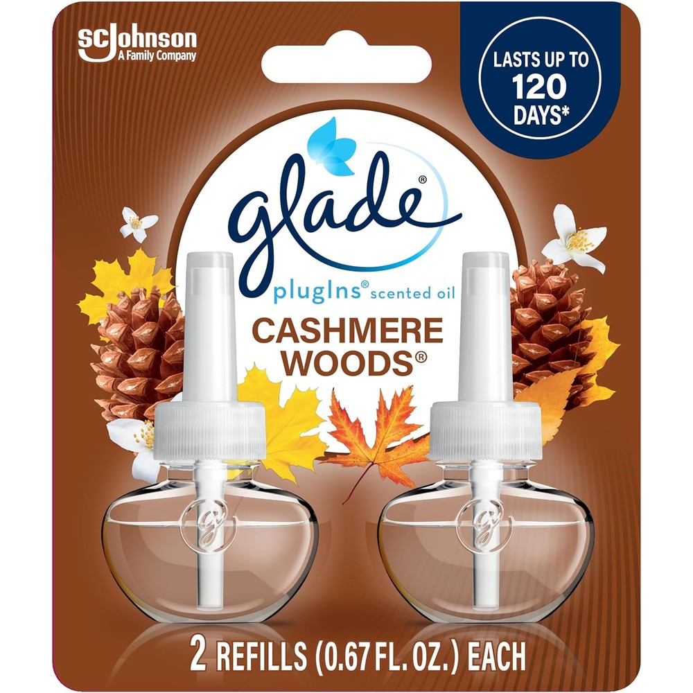 Glade PlugIns Cashmere Woods 2-pack front view for home fragrance.