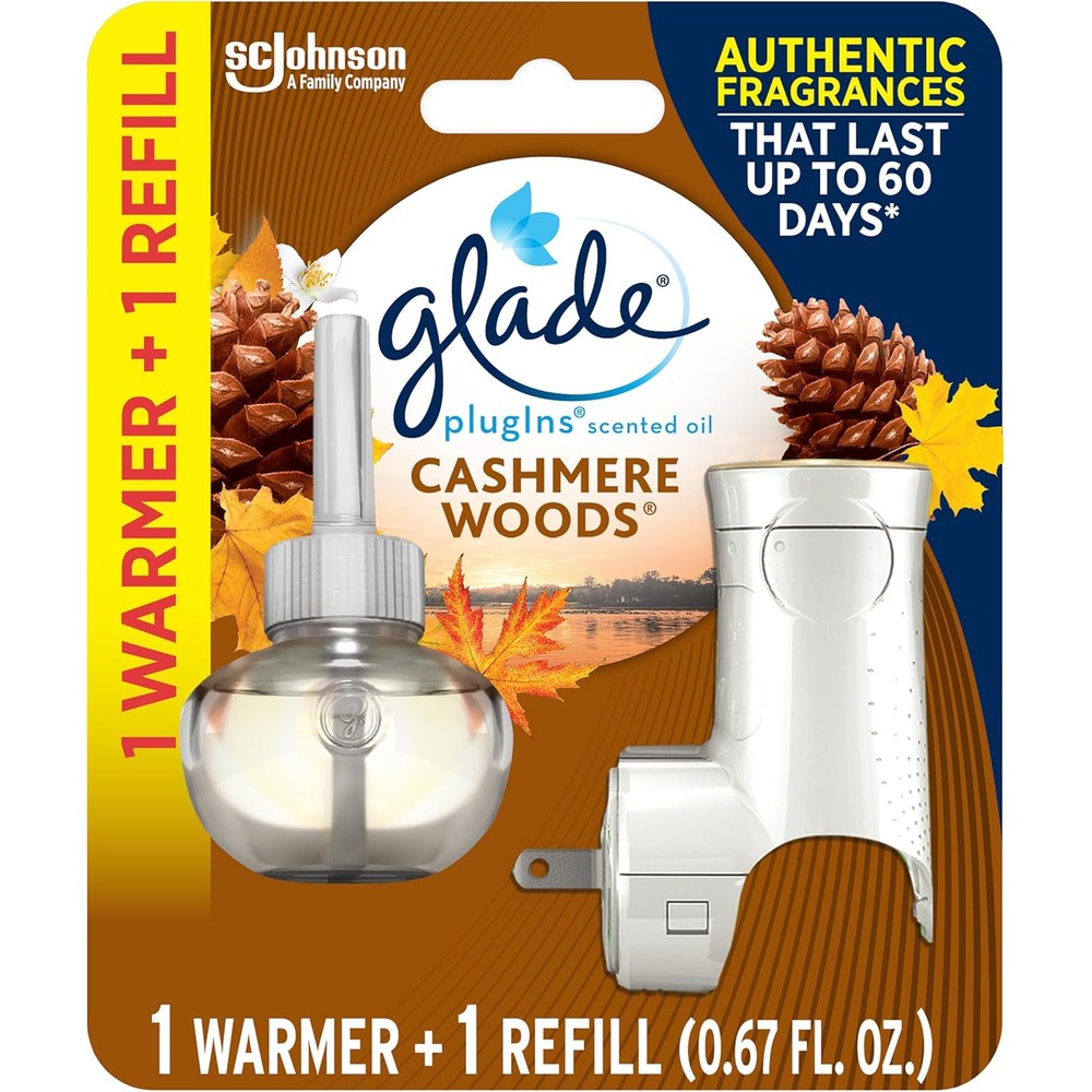 Glade PlugIns Cashmere Woods Starter Kit front view showing warmer and refill.