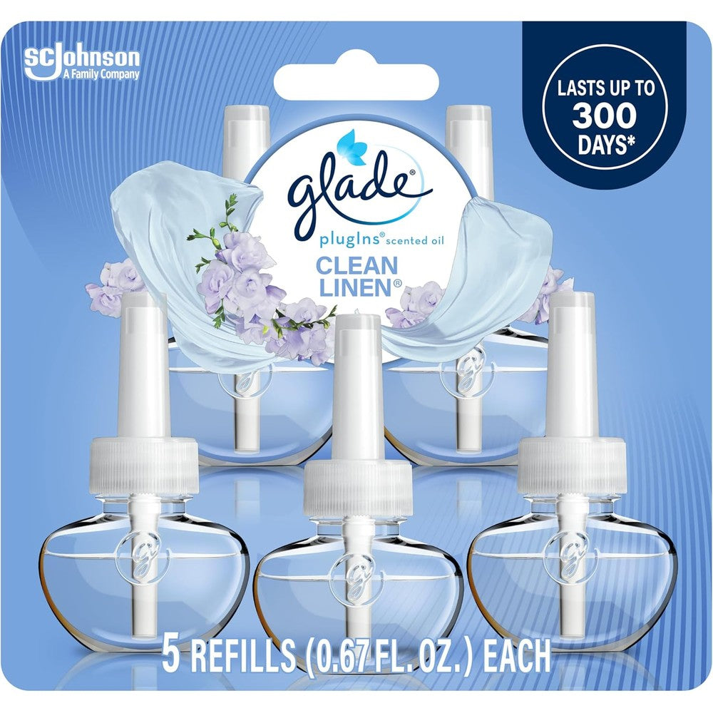 Glade PlugIns Scented Oil Refills Clean Linen 5 Pack front view authentic imported air freshener