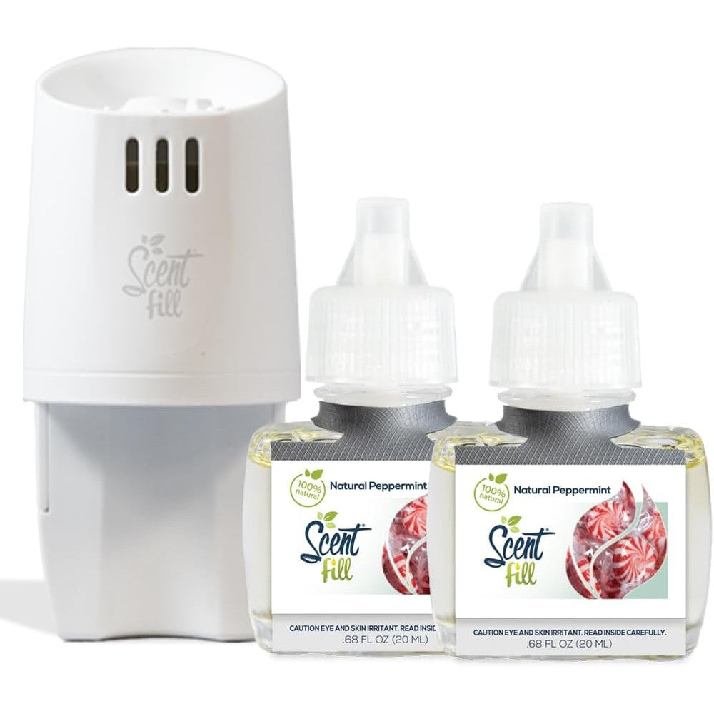 Scent Fill Natural Peppermint Plug In Air Freshener kit with two refills and white diffuser.