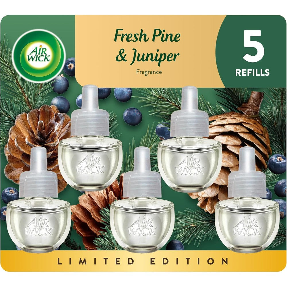 Air Wick Fresh Pine and Juniper Scented Oil Refill 5 Count front view essential oils