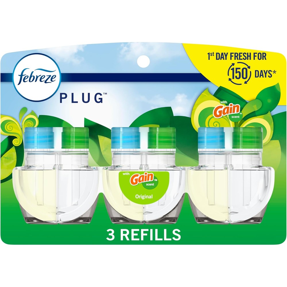 Febreze Plug-In Air Freshener Gain Original 3-pack front view for home odor elimination.
