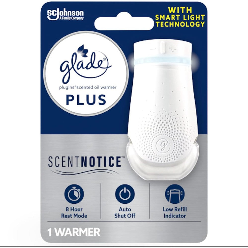 Glade PlugIn Plus Air Freshener Warmer front view showing smart light indicator.