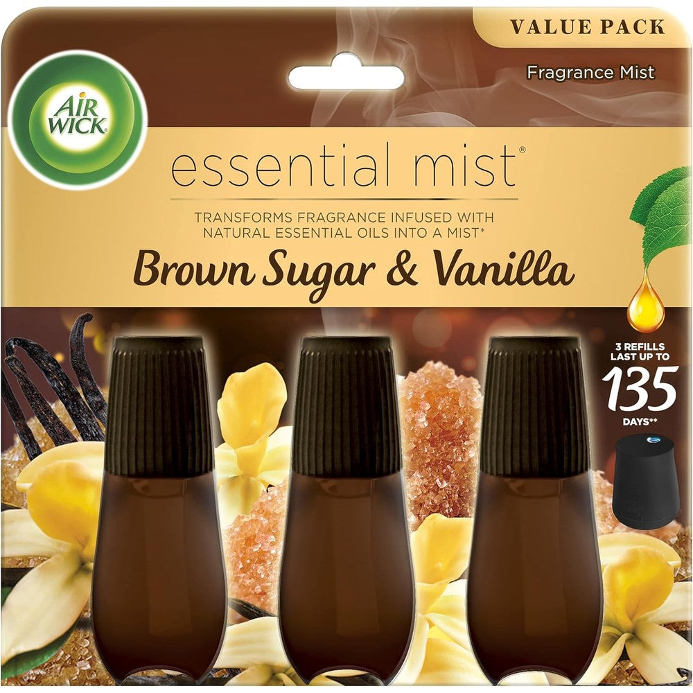 Air Wick Essential Mist Refill 3 Count Brown Sugar and Vanilla front view packaging