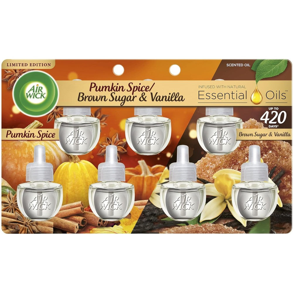 Air Wick Scented Oil Refill 7 Count Pack front view showing Pumpkin and Brown Sugar variants.