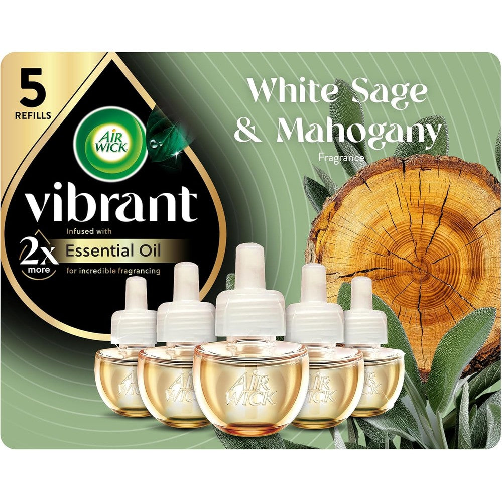Air Wick White Sage and Mahogany Scented Oil Refill 5 count pack front view