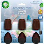 Air Wick Essential Mist Refill Linen and Petals 3 count pack front view air freshener.