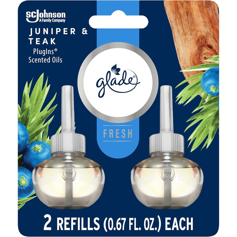 Glade PlugIns Juniper and Teak Refills front packaging view.
