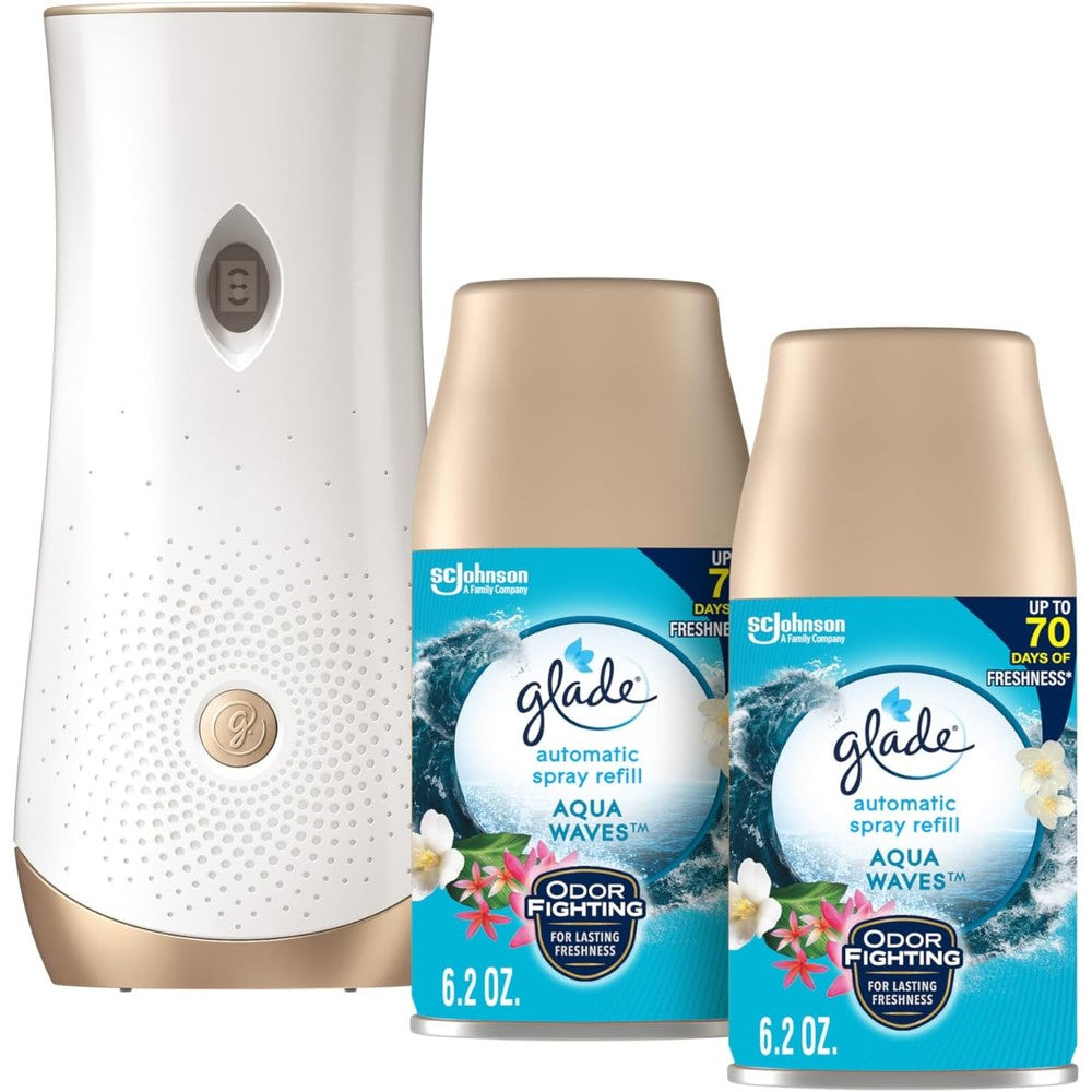 Glade Automatic Spray Holder Kit front view with Aqua Waves refills