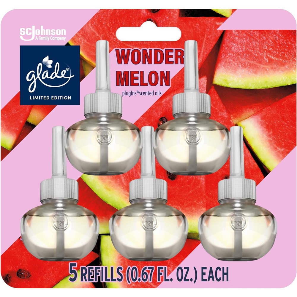 Glade PlugIns Wonder Melon 5 pack refills front view for home fragrance.