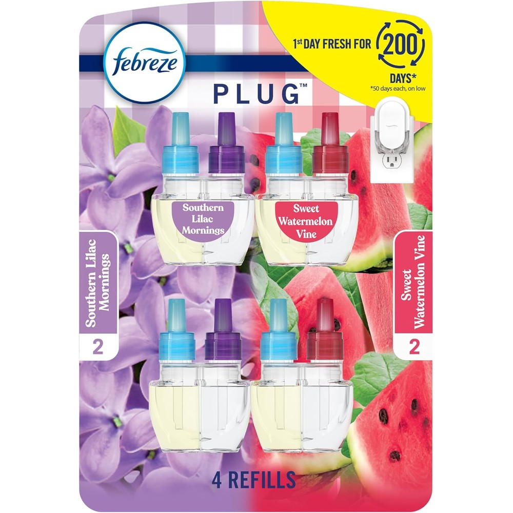 Febreze Fade Defy PLUG Air Freshener 4-pack front view showing Lilac and Watermelon refills.