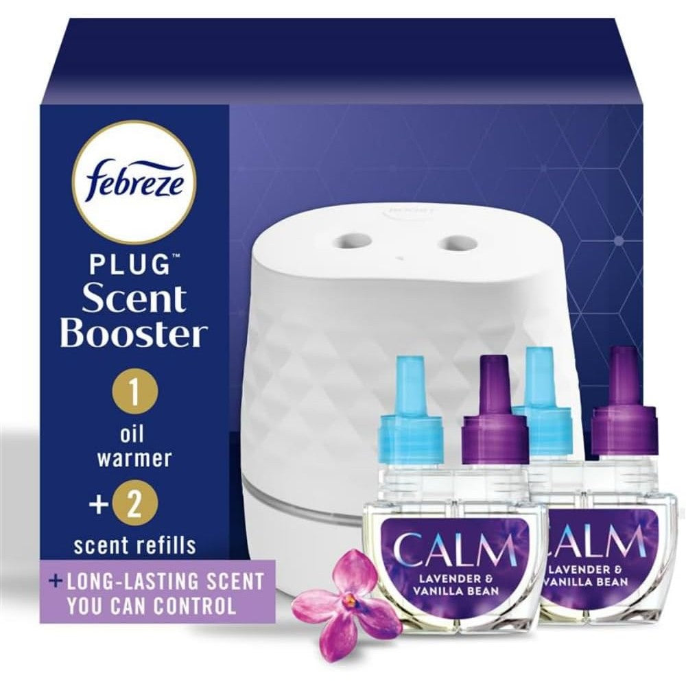 Febreze Plug Scent Booster Starter Kit front view with two Downy Calm refills.