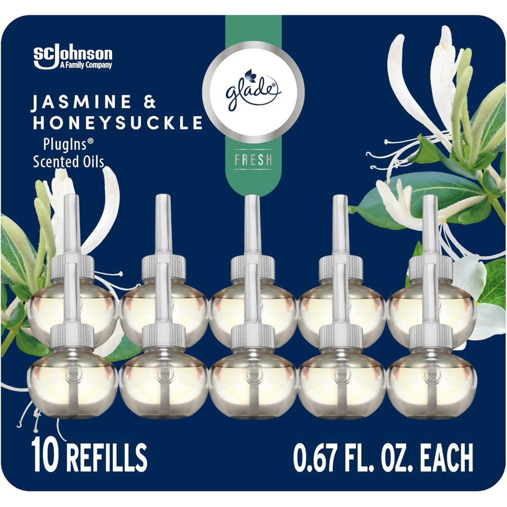 Glade PlugIns Refills Jasmine and Honeysuckle 10 count pack front view