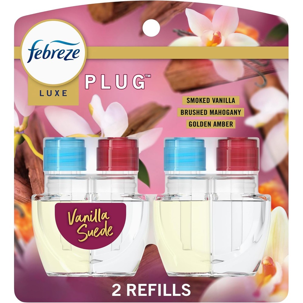 Febreze Plug In Air Freshener Vanilla Suede Scent 2 Refills front view for home odor elimination.