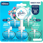 Glade PlugIns Scented Oil Refills 5 count pack front view containing Aqua Waves and Sky and Sea Salt fragrances.