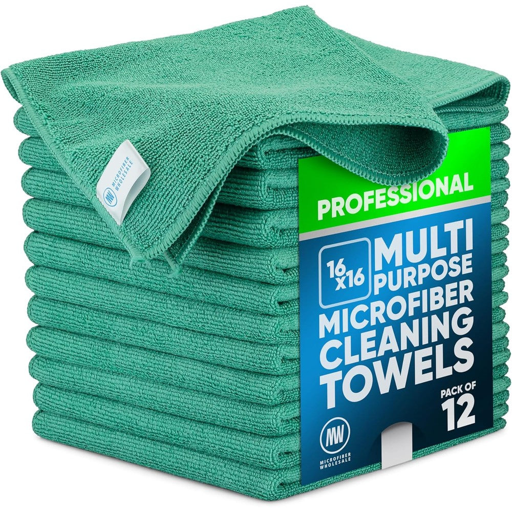 Microfiber Wholesale MW Pro Green Cleaning Cloth 12 pack front view for multi-surface use.