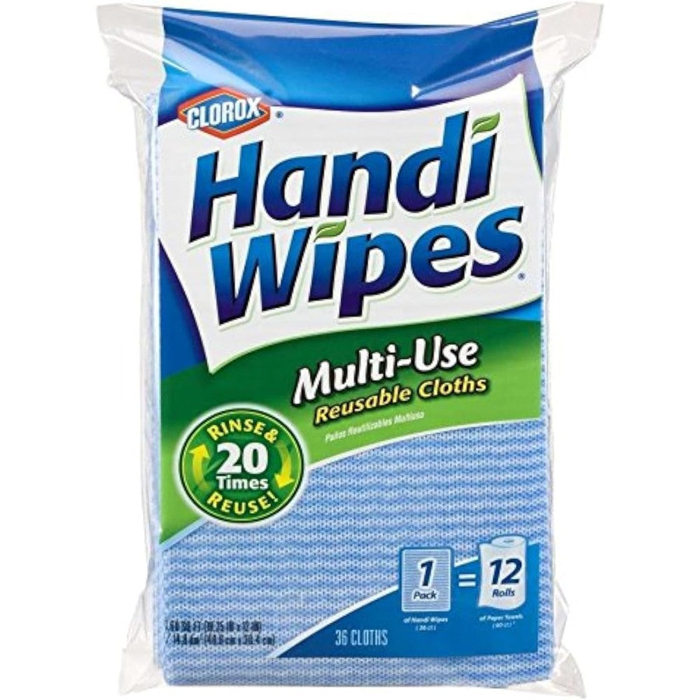 Clorox Handi Wipes Multi Use Reusable Cloths 36 Count package front view showing authentic imported reusable cleaning wipes