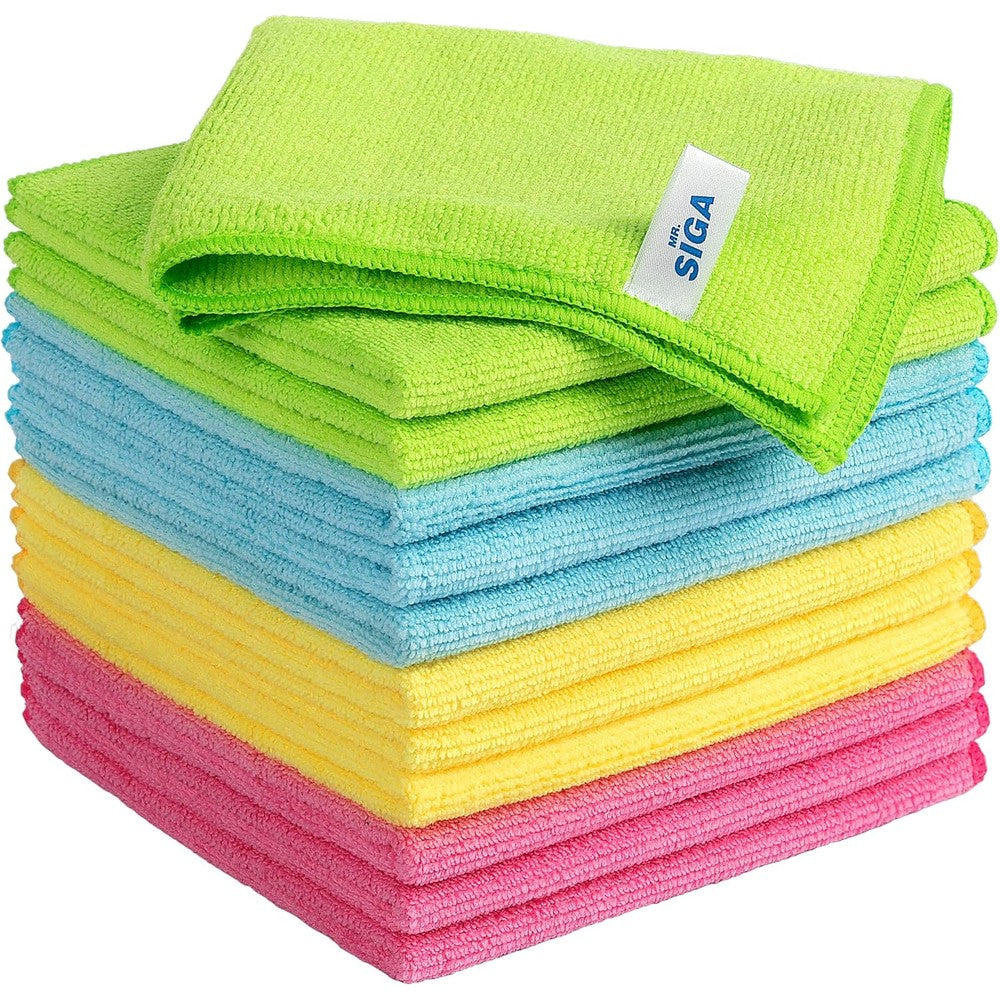 MR.SIGA microfiber cleaning cloth pack of twelve front view showing assorted colors stacked neatly for home storage.