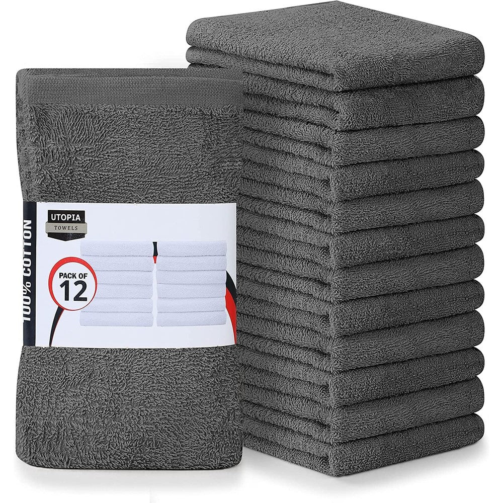 Utopia Towels Kitchen Bar Mops twelve pack front view showing folded grey cotton cleaning cloths.