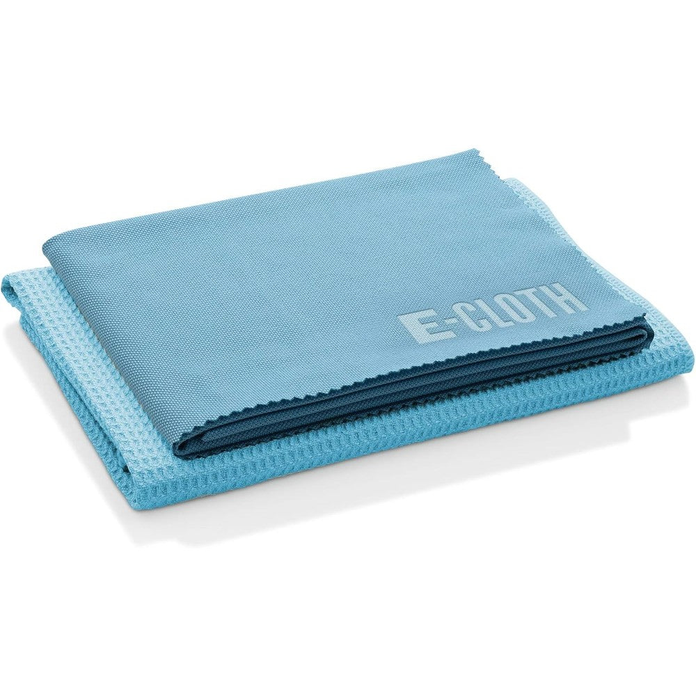 E-Cloth microfiber window cleaning cloth kit front view featuring two blue reusable glass towels
