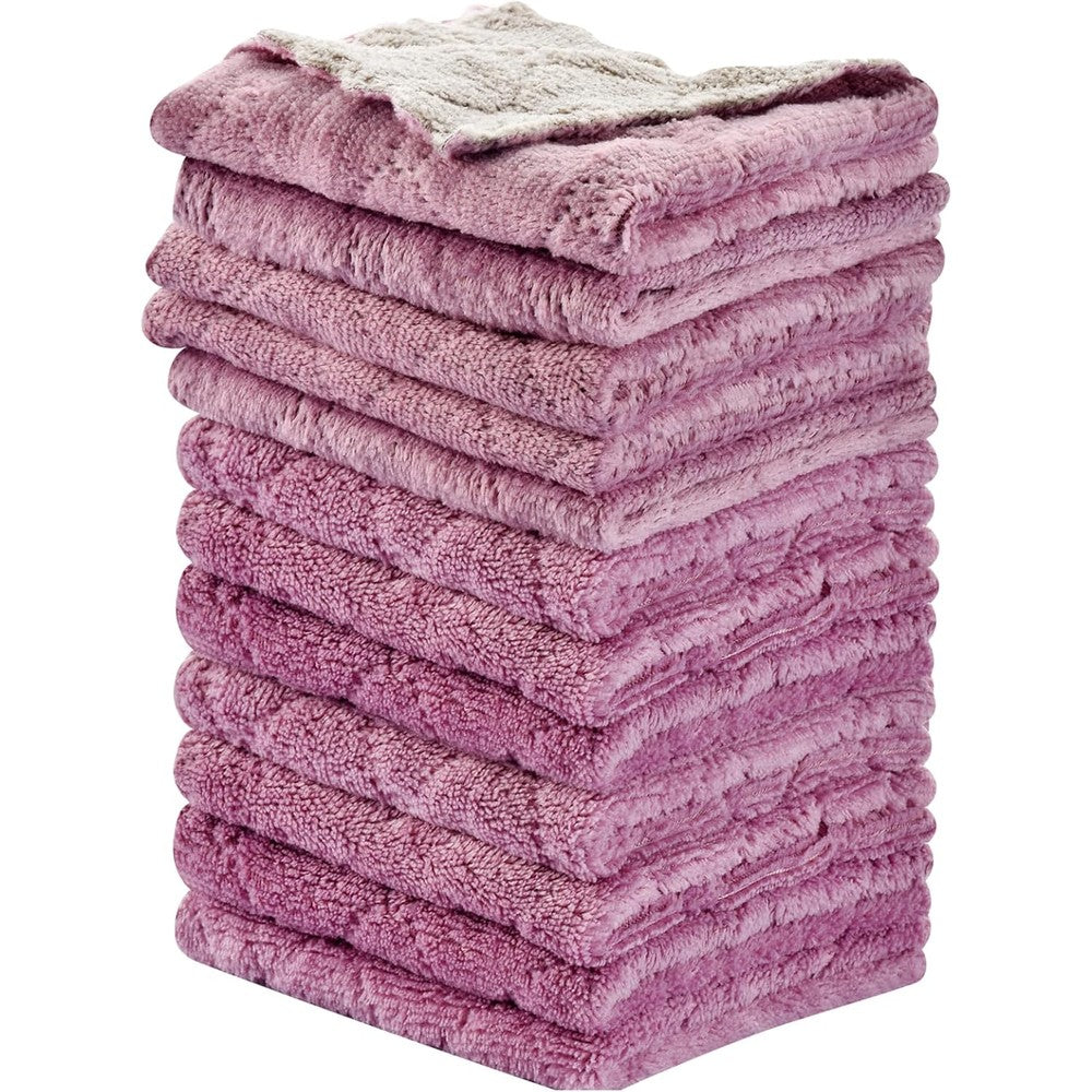OstWony microfiber kitchen towels twelve pack front view showing purple coral fleece texture.