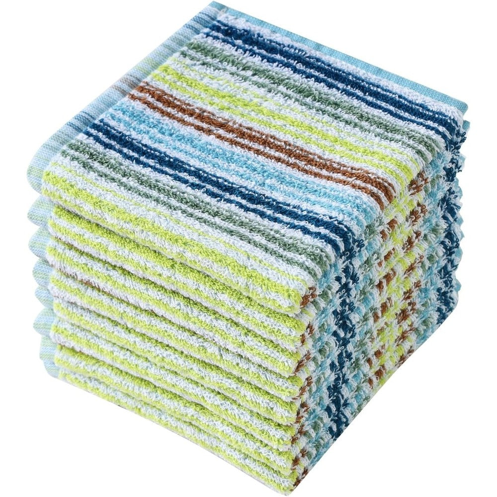 Oeleky kitchen dishcloths pack of 8 front view showing multi color striped cotton cleaning cloths.