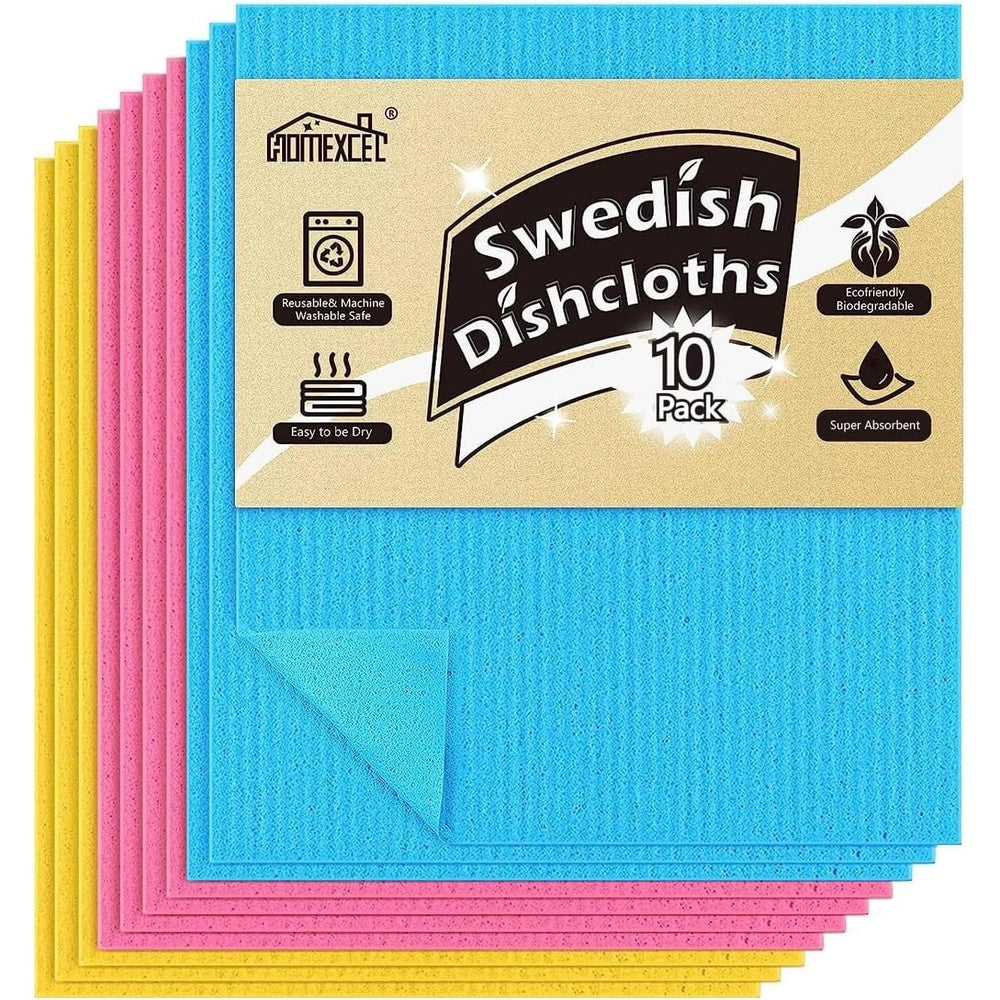 HOMEXCEL Swedish Dishcloths 10 pack front view of multicolor eco friendly kitchen sponge cloths.