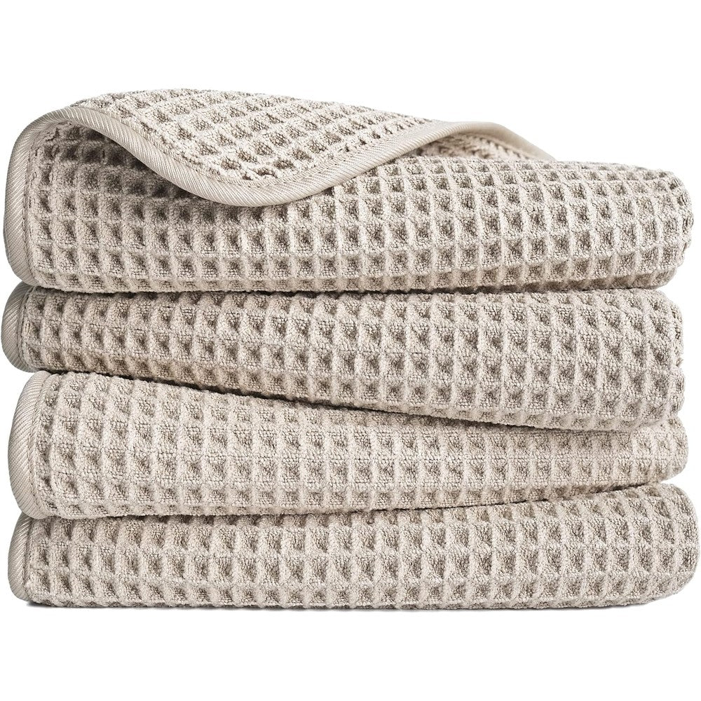 Polyte 430 GSM microfiber hand towel 4 pack front view displaying beige waffle weave texture.