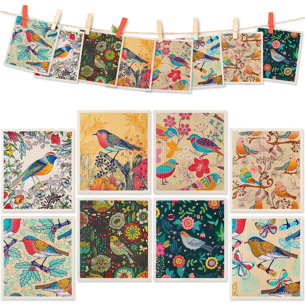 Lucomb 8 pack Swedish dishcloths front view showing birds and flowers pattern kitchen wipes