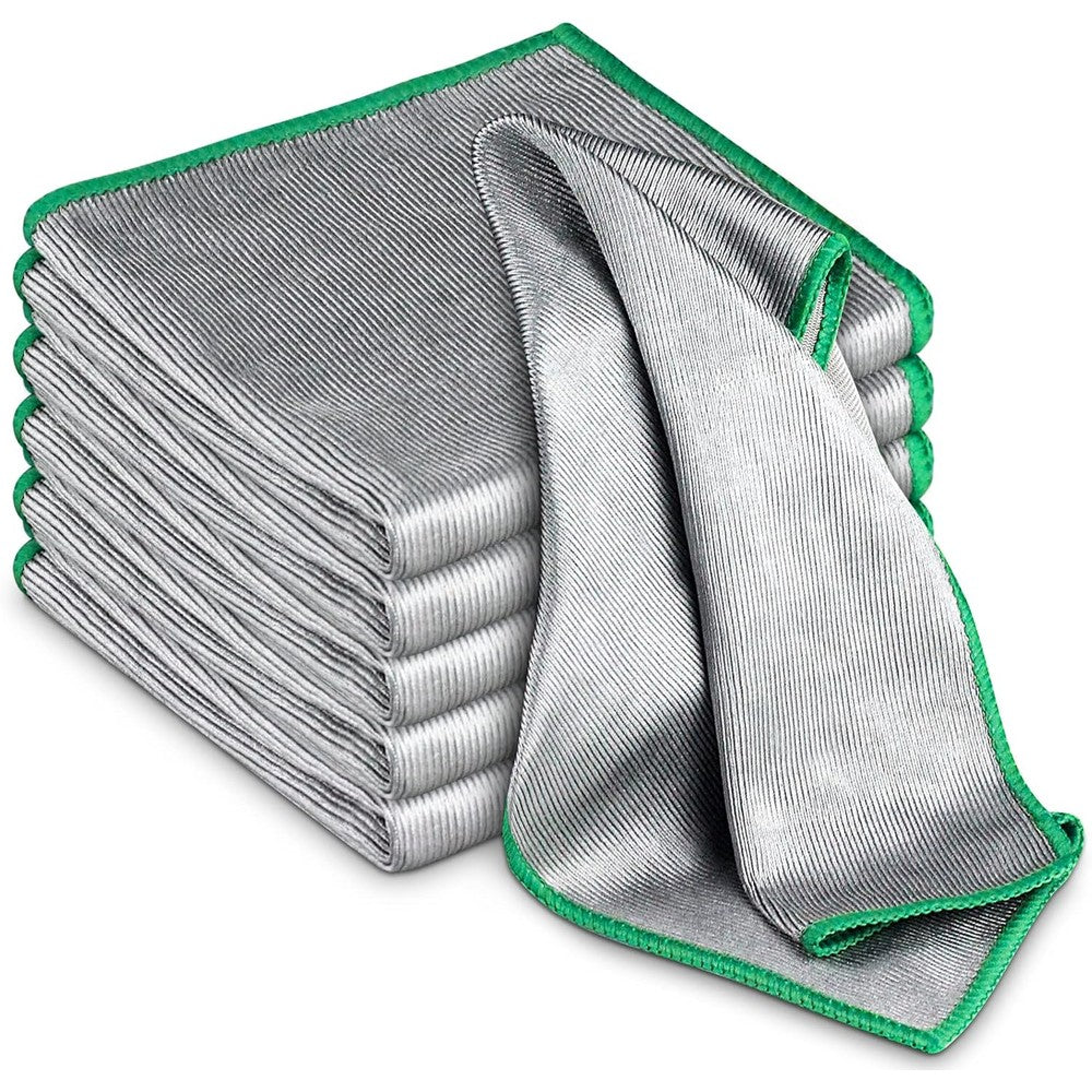 Airlab microfibre window cloths front view showing six pack silver towels with green edging