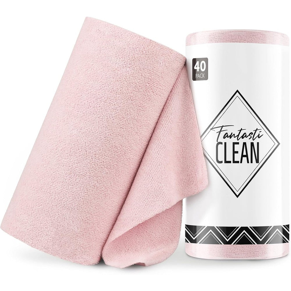 Fantasticlean microfiber cleaning cloth roll 40 pack front view showing pink perforated sheets.