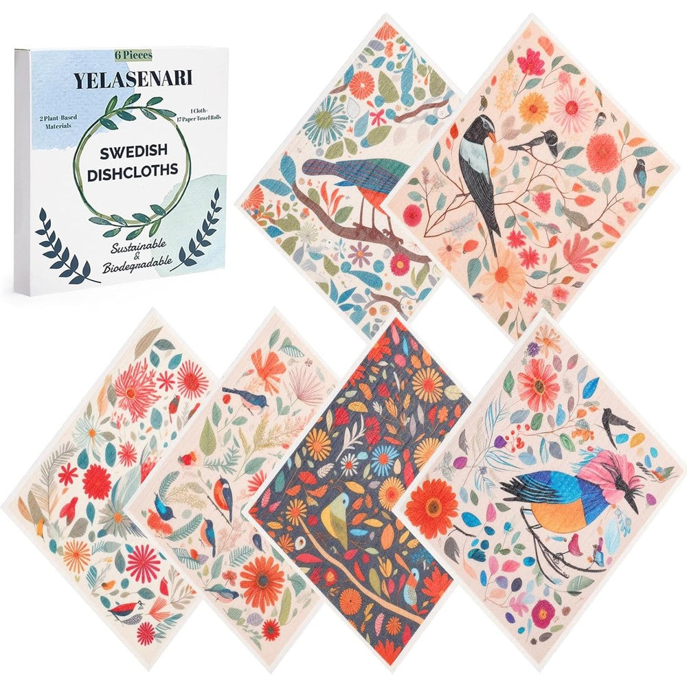 Yelasenari Swedish dishcloths 6 pack front view showing flower and bird patterns for eco friendly kitchen cleaning.