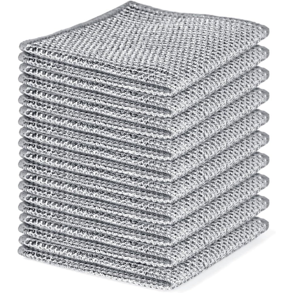 Aidoclip 10 Piece Non Scratch Steel Wool Dishcloth set front view showcasing the silver wire mesh weave pattern.
