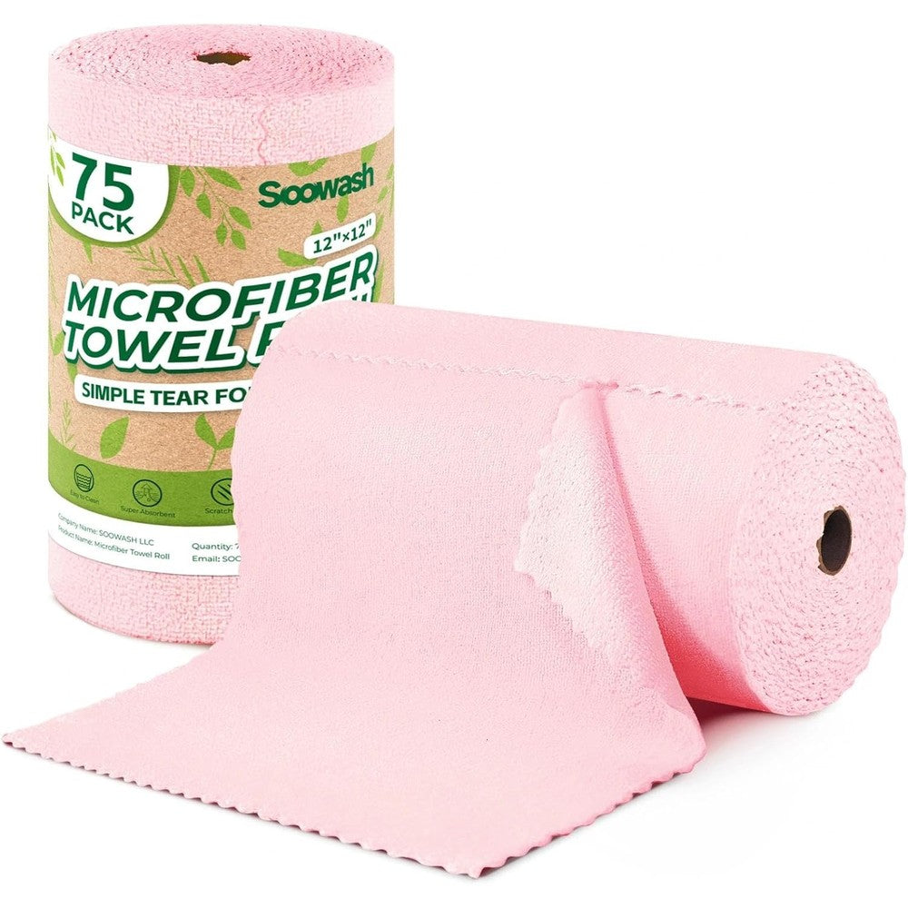 SOOWASH Microfiber Cleaning Cloth Roll front view of pink tear away towels