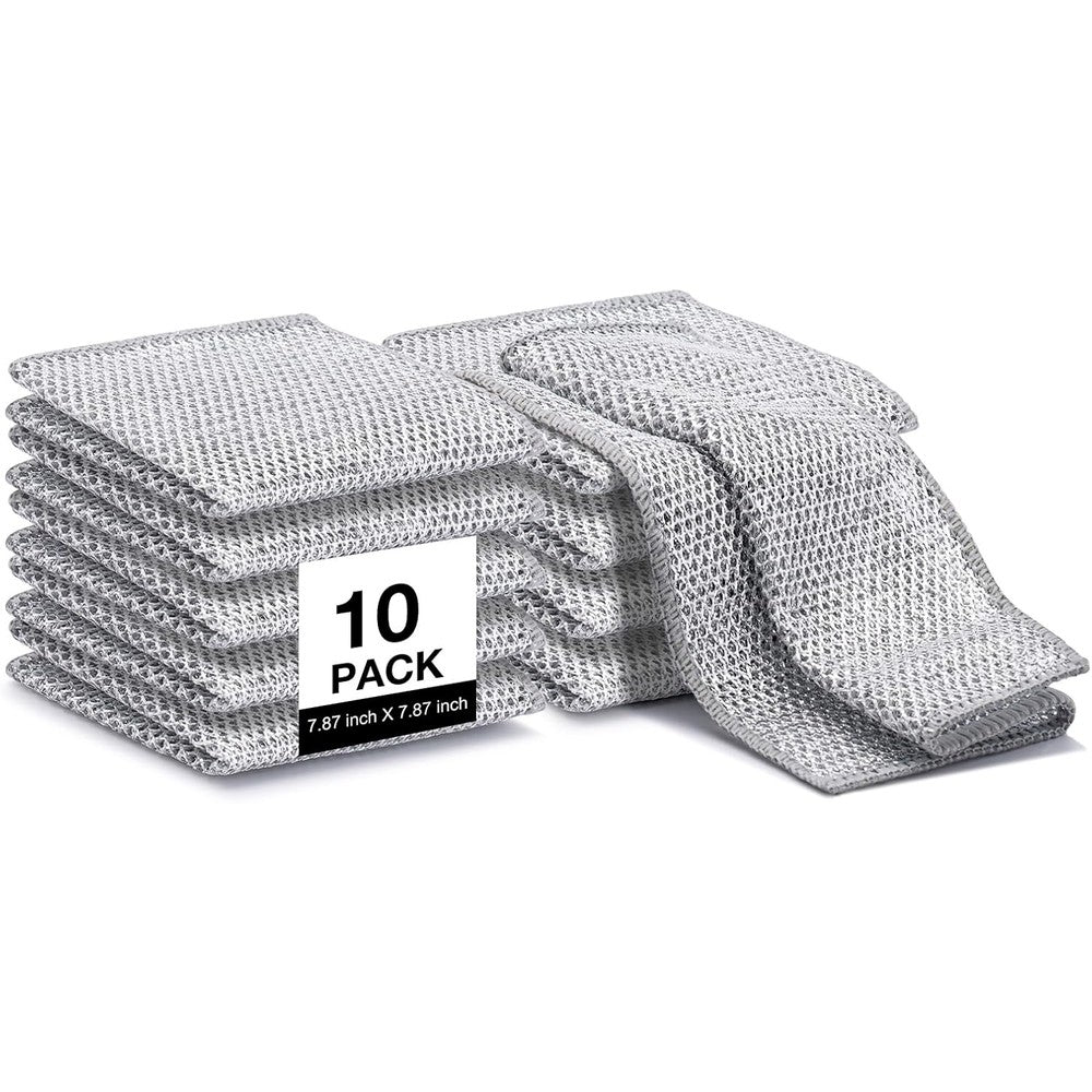 YEIPIS non scratch wire dishcloth ten pack front view displaying silver mesh texture