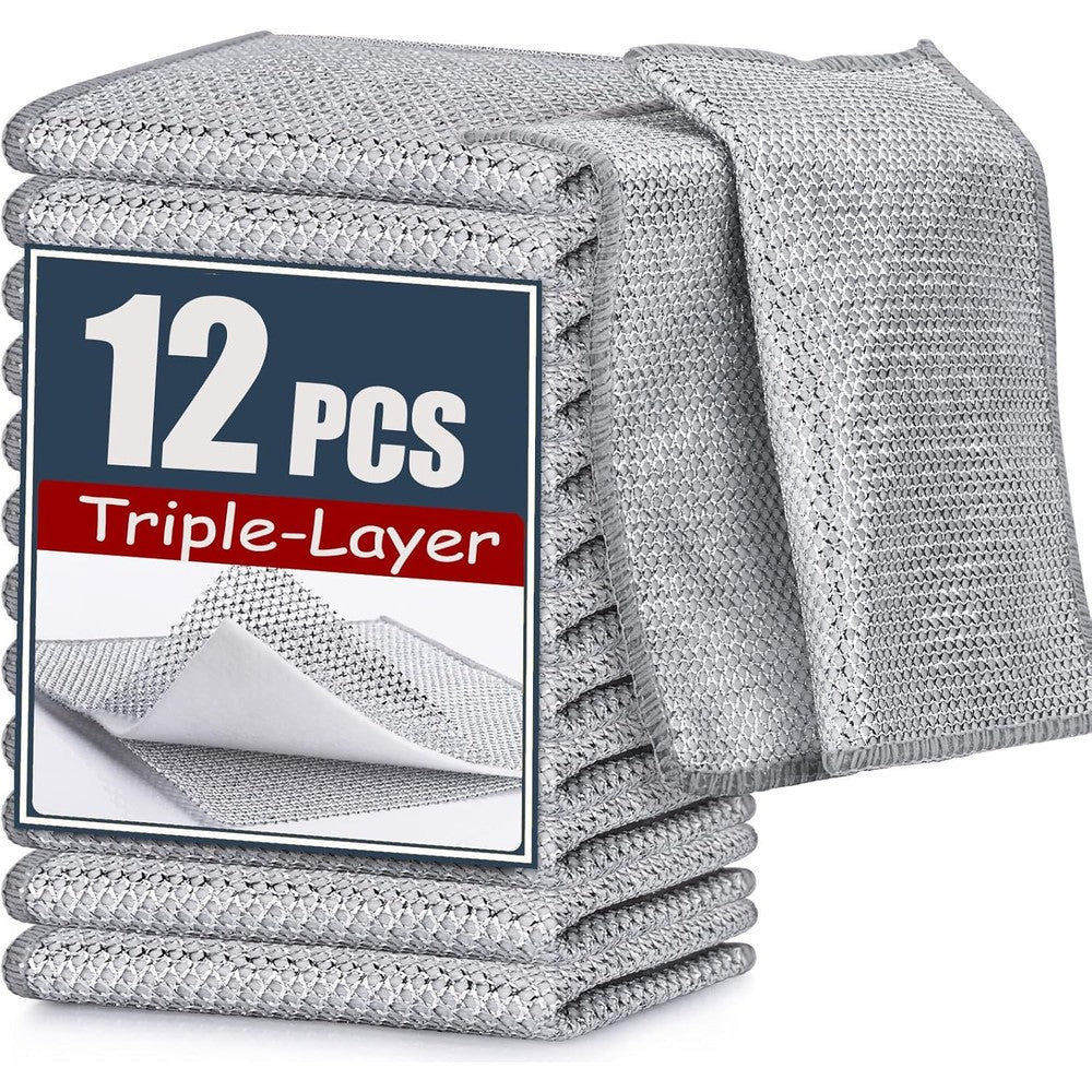 Navona Triple Layer Steel Wire Dishcloth twelve pack front view showing premium kitchen cleaning cloths packaging.