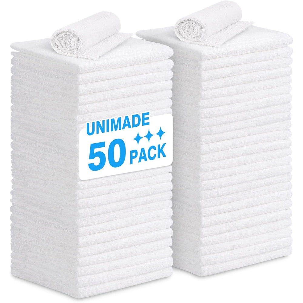 UNIMADE microfiber shop towel rags 50 pack front view showcasing premium packaging for automotive care.