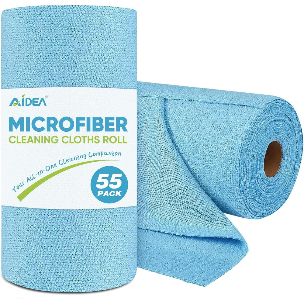 AIDEA Microfiber Cleaning Cloth Roll front view showcasing blue shop towels on a standard roll.