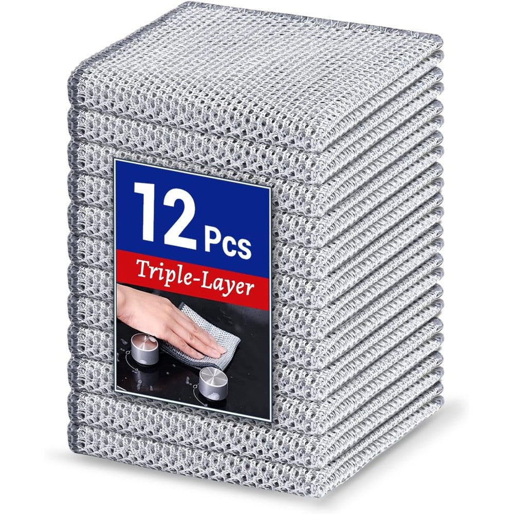 Wangjinpeng 12 Piece 3 Layer Non Scratch Steel Wire Dishcloths front view pack showing silver mesh texture.
