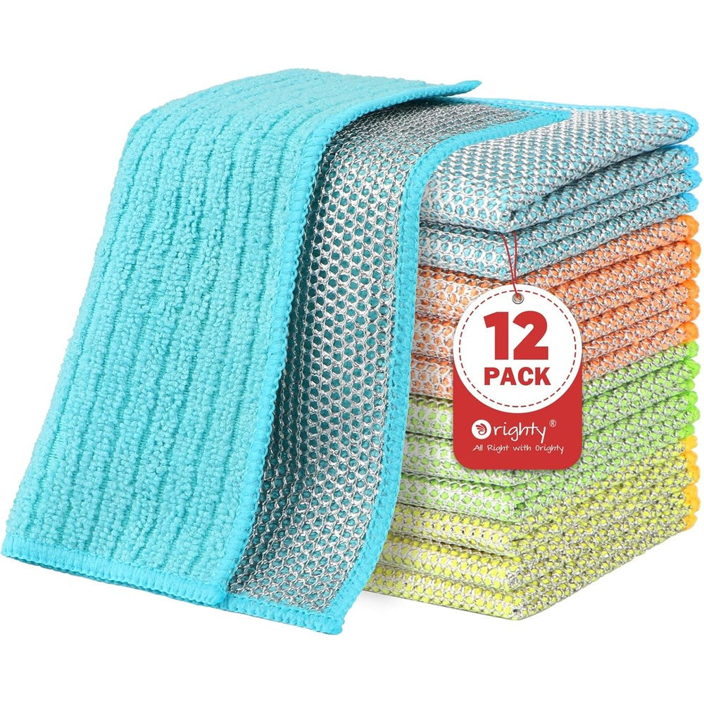 Orighty multipurpose wire dishwashing rag twelve pieces front view showing the textured double-layer non-scratch mesh surface.