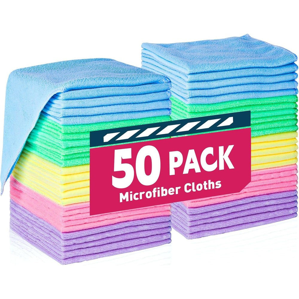 TEAWOO Microfiber Cleaning Cloths Fifty Pack front view showing assorted colors stacked together.