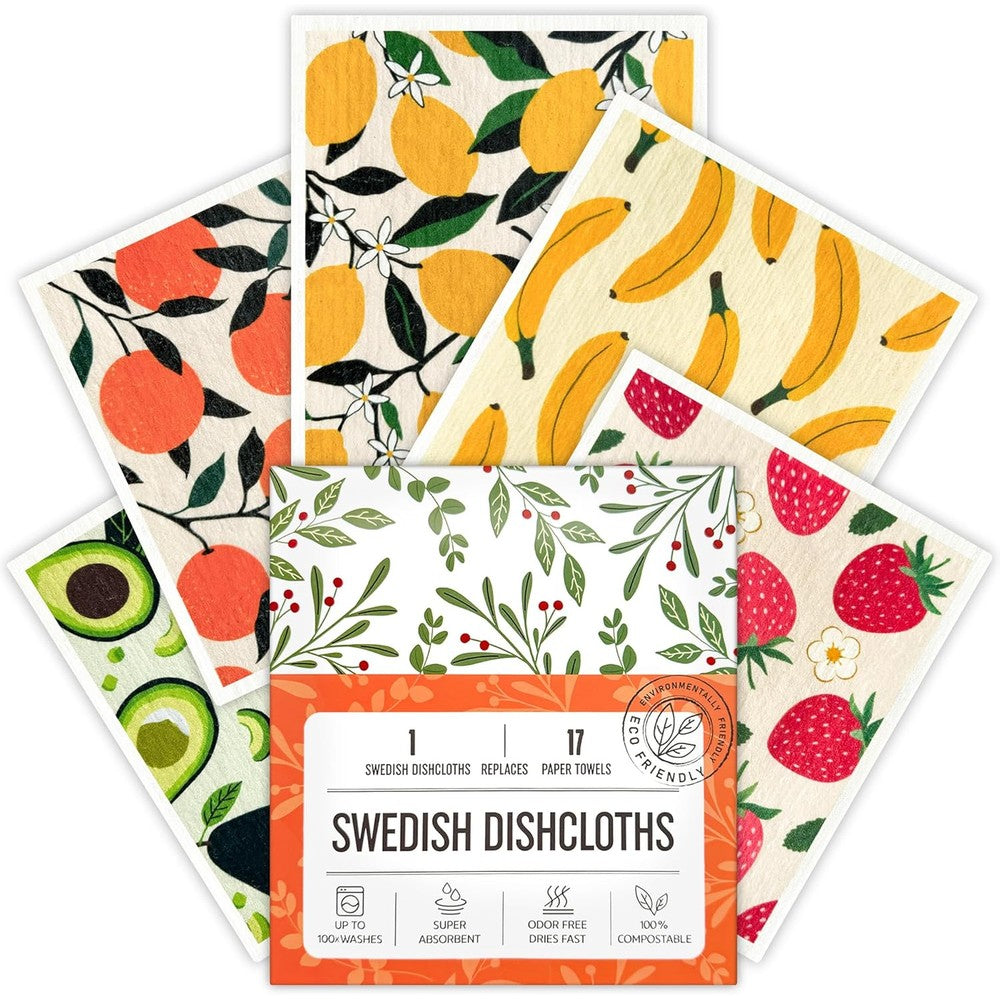 Augine Swedish dishcloths 5 pack front view showcasing colorful fruit patterns