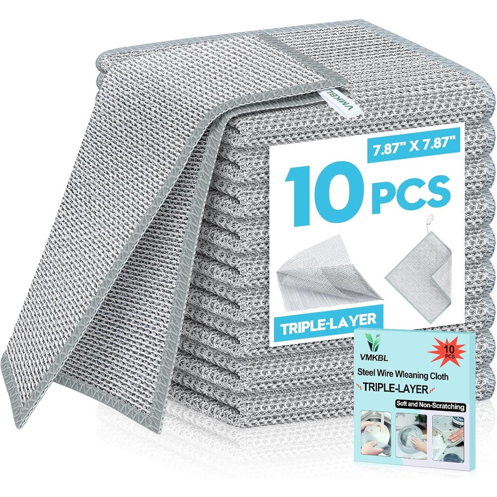 VMKBL triple steel wire dishcloth 10 pieces front view showing the textured non scratch mesh design