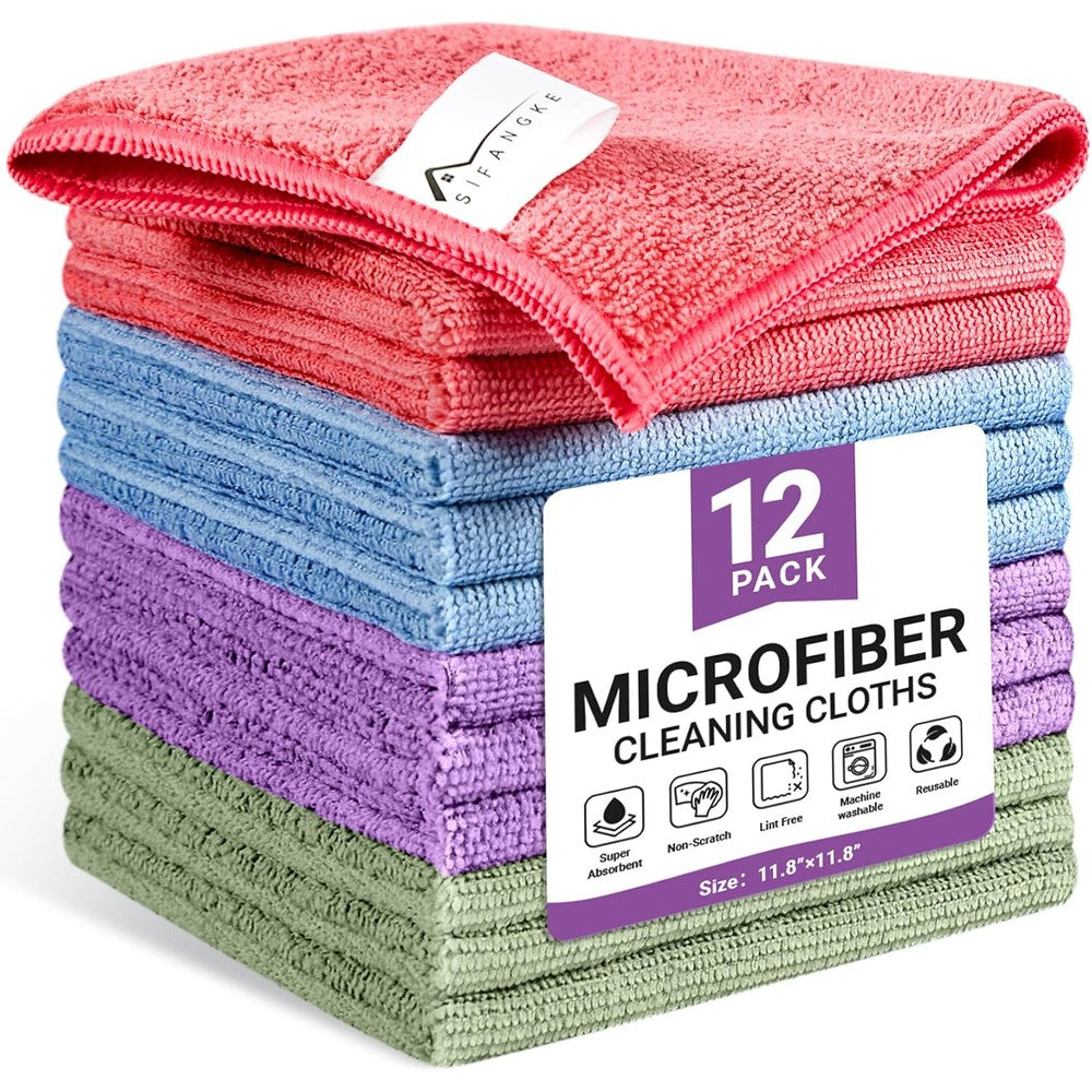 Sifangke microfiber cleaning cloth 12 pack front view showcasing assorted vibrant colors