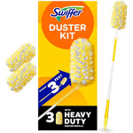 Swiffer 360 Dusters Heavy Duty Extendable Handle Starter Kit front view showing yellow handle and white refills.