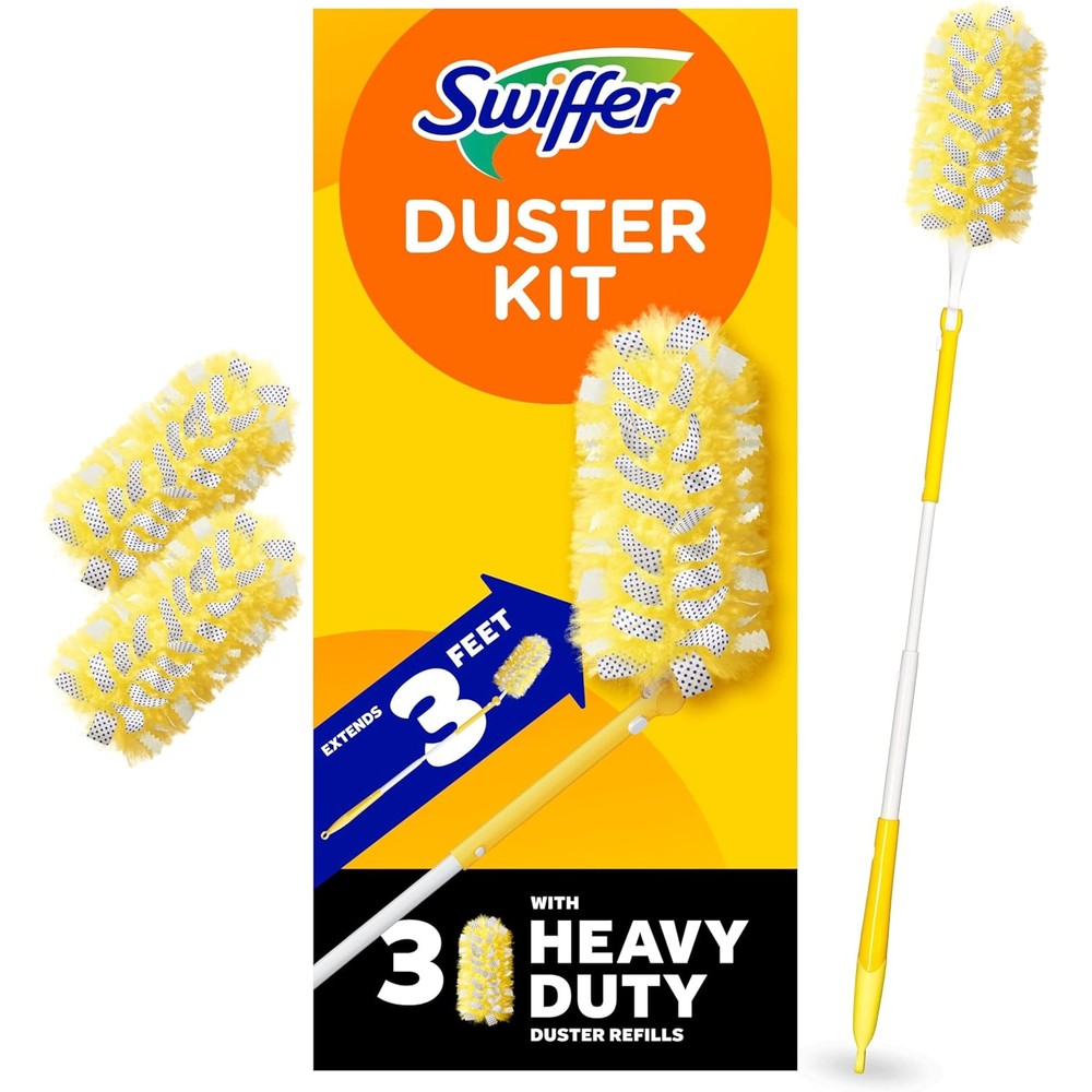Swiffer 360 Dusters Heavy Duty Extendable Handle Starter Kit front view showing yellow handle and white refills.