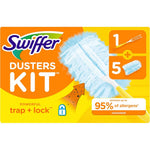 Swiffer Dusters Starter Kit front view showing handle and five yellow refills.